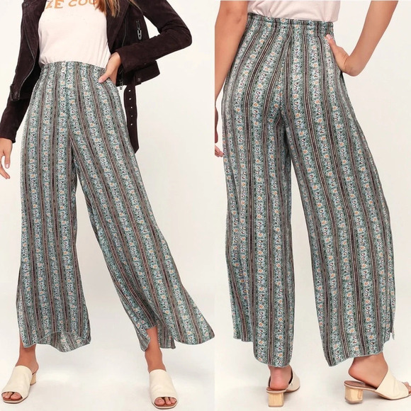 Free People Take Your Tie Off Sage Green Multi Print Wide-Leg Pants Sz Small - Picture 1 of 7